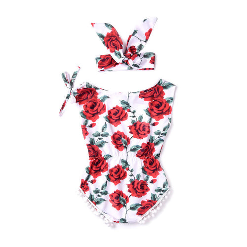 Sleeveless Red Floral Romper with Matching Headwrap