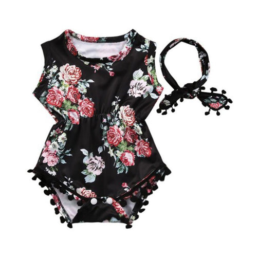 Sleeveless Black Floral Romper with Matching Headwrap