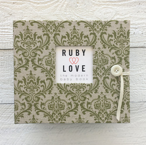 Vintage Olive Green Damask | Baby Book